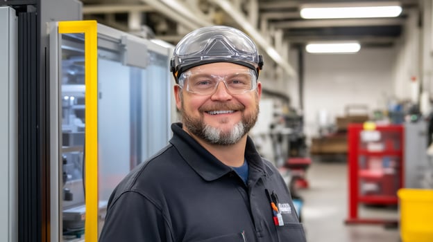 Smiling factory worker, industrial background photo