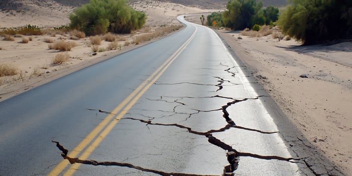 Desert road cracks, winding path, dunes background photo