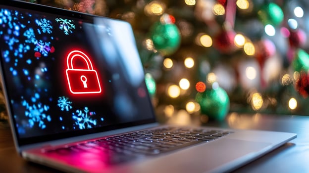 Holiday online security laptop lock screen Christmas tree lights photo