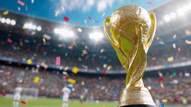 Gold trophy, stadium celebration, confetti, victory photo