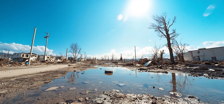 Postdisaster landscape debris, puddles, ruined buildings photo