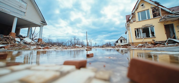 Flooded street, damaged houses, storm aftermath photo