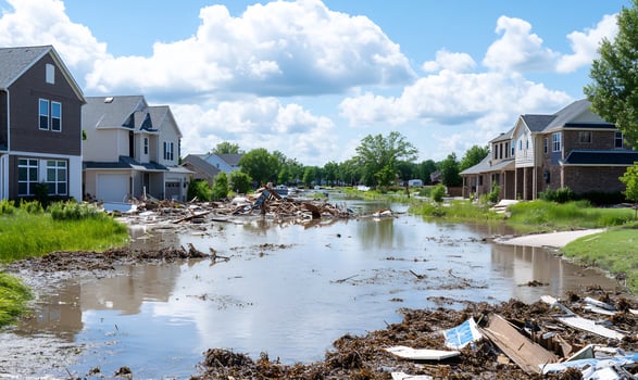 Flooded suburban street, debris, houses, damage, disaster relief photo