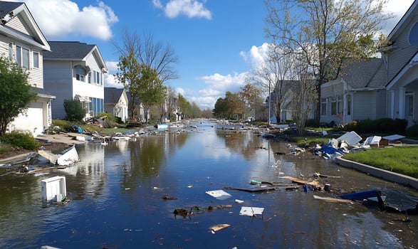 Flooded suburban street debris and damage cloudy sky insurance claim photo