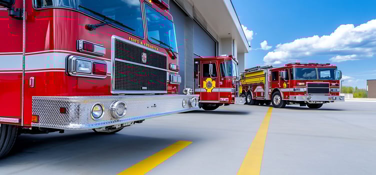 Fire trucks parked at station, sunny day photo