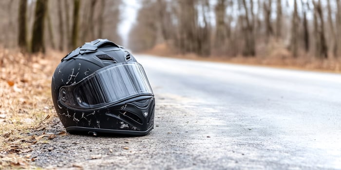 Abandoned helmet roadside, forest background, accident scene photo