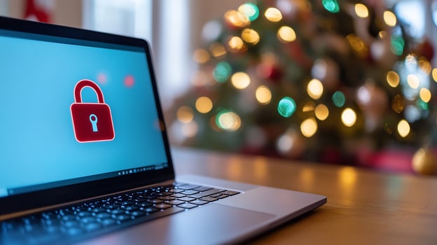 Christmas Cybersecurity Locked Laptop near Festive Lights photo