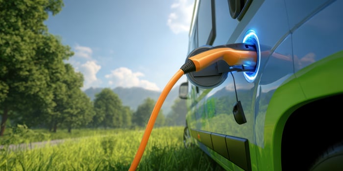 The Electric Vehicle Plugged Into a Charging Station in a Scenic Landscape photo