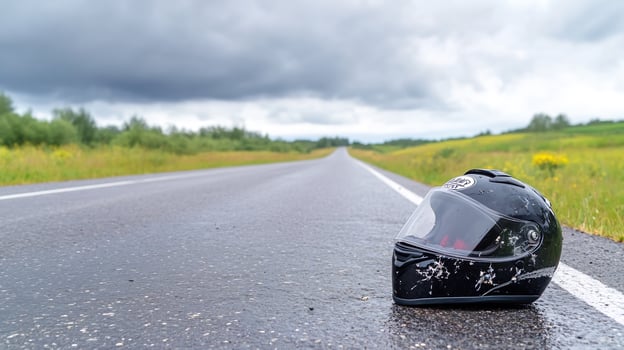 Motorcycle helmet on rainslick road, rural landscape photo
