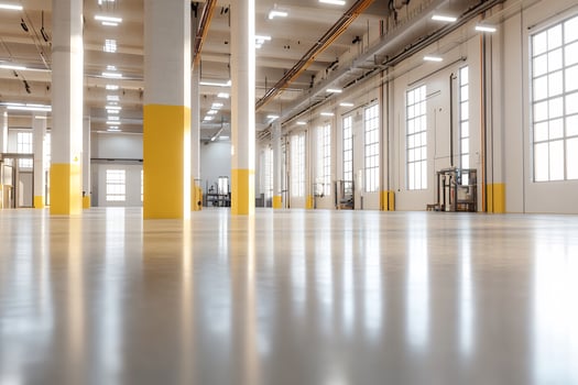 Spacious factory interior, high ceilings, sunlight, forklift, industrial photo
