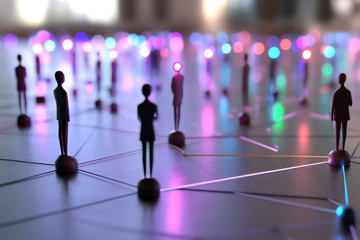 Networked people, glowing city background, connection photo