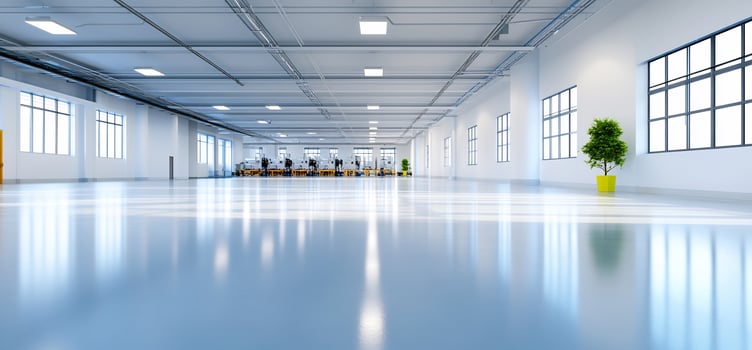 Bright modern office interior, long hallway, plant photo