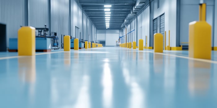 Clean warehouse corridor, blue floor, yellow bollards. Industrial background photo