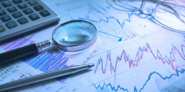 The magnifying glass highlighting financial data and analysis tools on a desk. photo