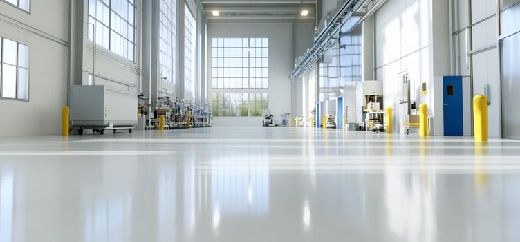 Clean factory interior, sunlight, machinery photo