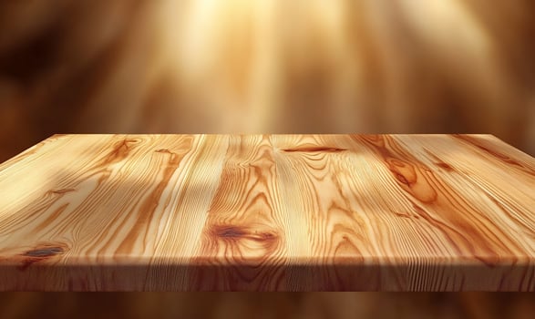 Wooden table, sunlight, blurred background, product display photo