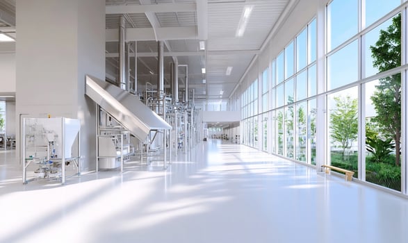 Modern factory interior, sunlight, machinery, clean photo