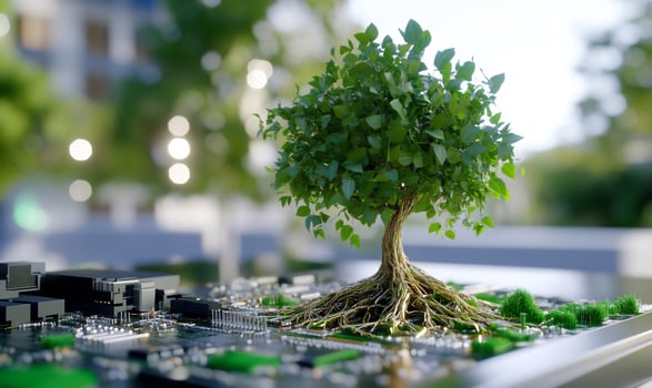 Green tree growing on circuit board, urban background, technology and nature photo