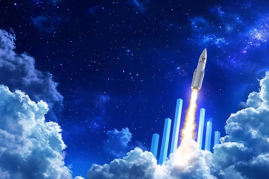 Rocket launch, night sky, growth chart, business success photo