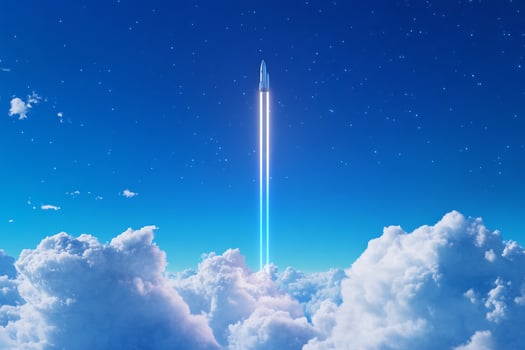 Rocket launching through clouds at night. Space exploration photo