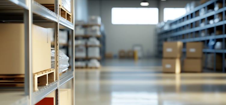 Warehouse inventory, cardboard boxes on shelves photo