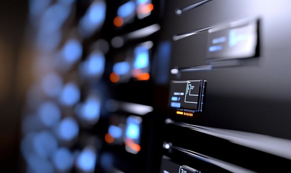 Data center server rack, network lights, digital technology, background blur photo