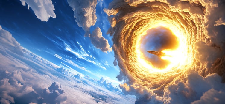 Rocket launch through fiery cloudscape photo