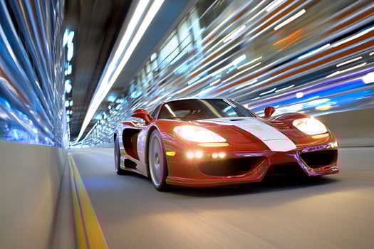 Red sports car speeding through city tunnel photo