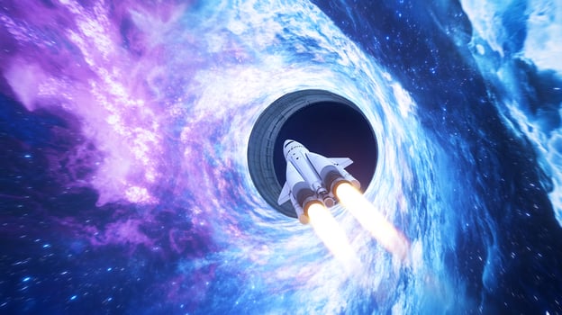 Spaceship entering black hole, nebula background space travel photo