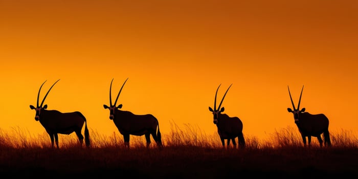 The majestic antelope standing silhouetted against a vibrant sunset. photo