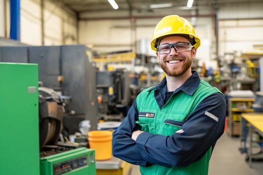 Smiling factory worker, arms crossed, industrial background photo