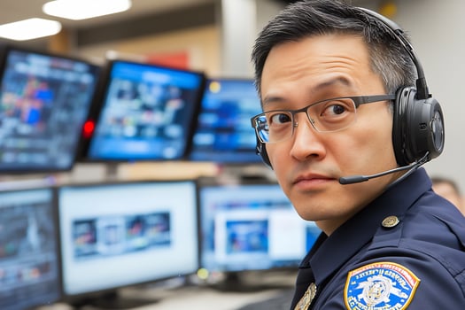 Dispatcher monitoring screens, emergency response center photo