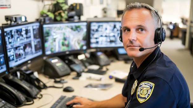 Security officer monitoring screens in control room photo