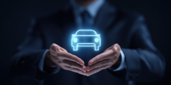 The Hands Presenting a Holographic Future Car Concept in Business Environment photo