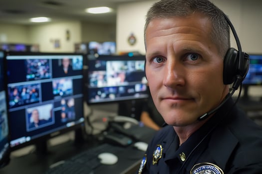 Officer monitoring security cameras in dispatch photo