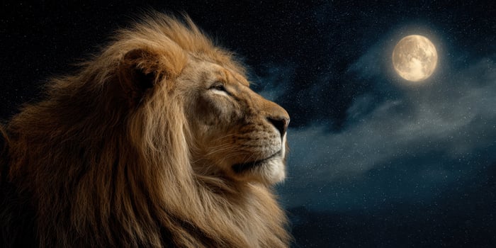 The Majestic Lion Gazing at the Full Moon in a Starry Night Sky photo