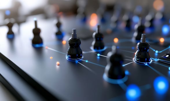 Network connection, digital nodes, glowing lines, office background, tech concept photo