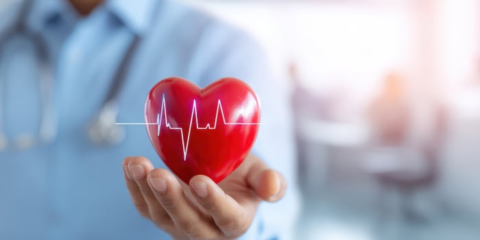 The heart symbol representing health and care in a medical setting. photo