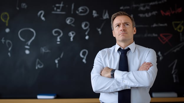 Thoughtful teacher, classroom chalkboard, problemsolving, education photo
