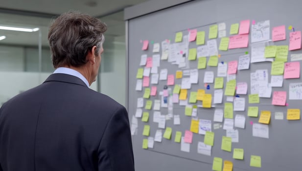 Businessman reviewing sticky notes on board photo
