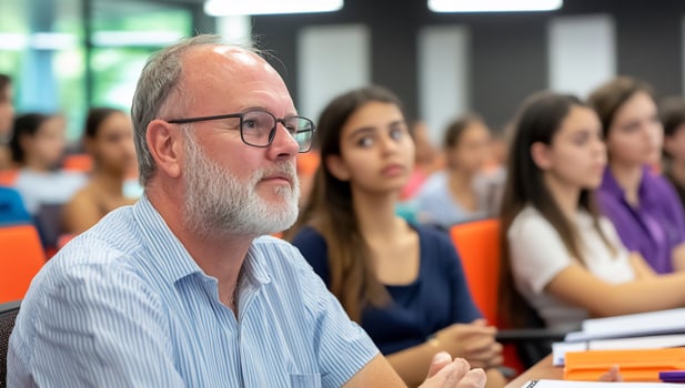 Professor listens to students lecture photo