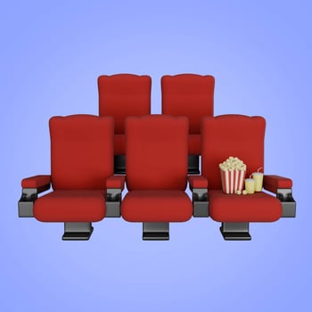 3D illustration of a row of red cinema seats with popcorn and drinks photo