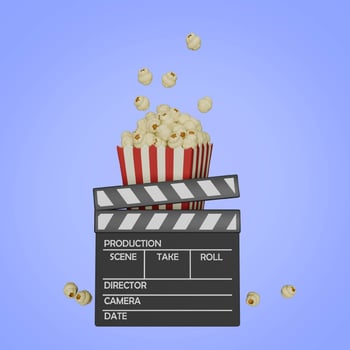 3D popcorn and clapperboard photo