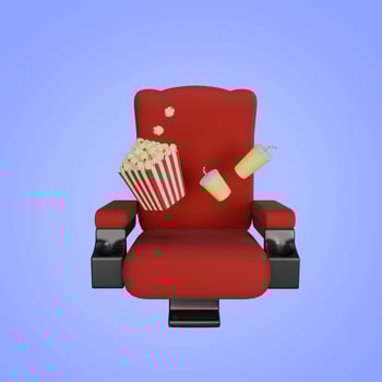 3D red cinema seat with floating popcorn and drinks photo