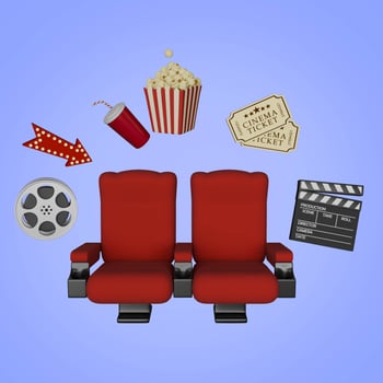 3D red cinema seats with floating cinema elements. popcorn, drink, film tape, arrow, cinema tickets, cla photo