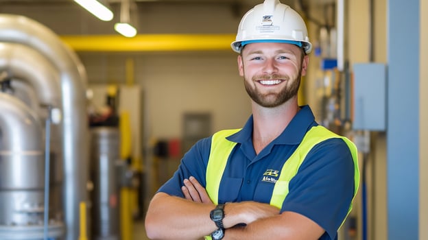 A man in a hard hat and safety vest standing in front of a large industrial machine photo