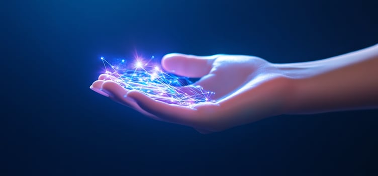 Hand holding network, digital future, dark background photo