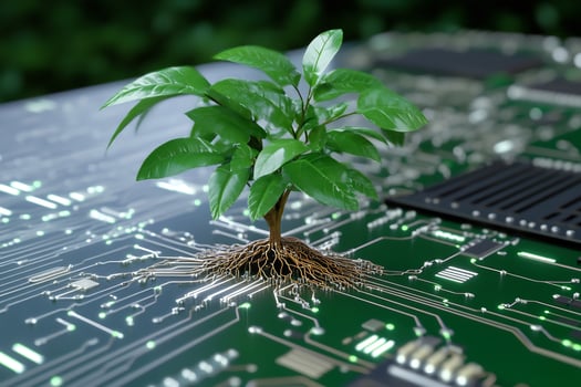 Green sprout growing on circuit board, technology and nature photo