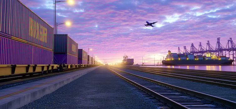 Sunset cargo train, port, airplane. Global logistics photo