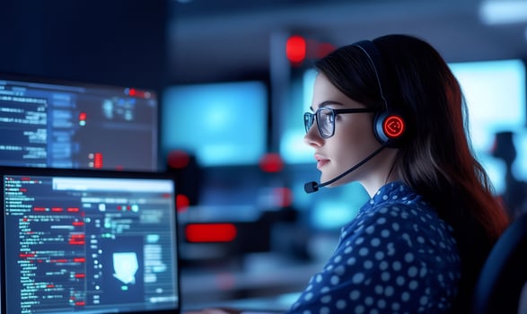 Woman, tech support, night, office, screens photo